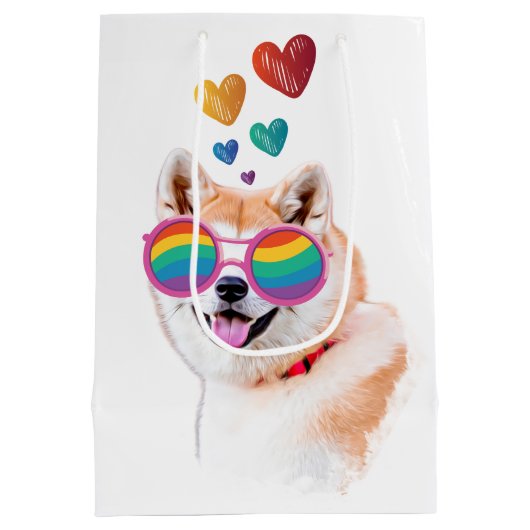 Sac Cadeau Moyen Akita Chien avec Coeurs Saint Valentin (Dos)