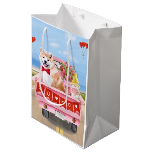 Sac Cadeau Moyen Akita Chien Saint Valentin Coeurs de Camion (Devant Angle)