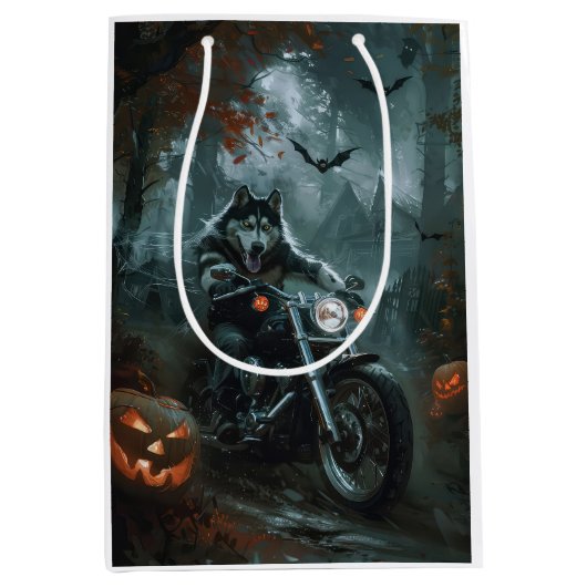 Sac Cadeau Moyen Alaskan Malamute équitation moto Halloween effraya (Devant)