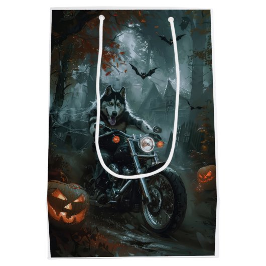 Sac Cadeau Moyen Alaskan Malamute équitation moto Halloween effraya (Dos)