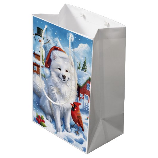 Sac Cadeau Moyen American Eskimo Dog Winter Wonderland Noël (Dos Angle)