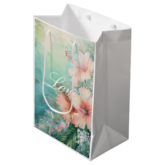 Sac Cadeau Moyen Amour floral d'hibiscus blanc pêche tropical (Devant Angle)