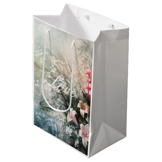 Sac Cadeau Moyen Amour floral d'hibiscus rose tropical blanc  (Devant Angle)