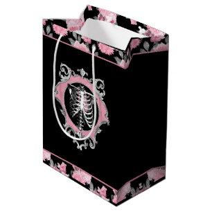 Sac Cadeau Moyen Amour gothique   Squelette rose et noir Coeur flor