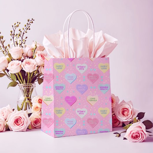 Sac Cadeau Moyen Amour véritable rose avec des cœurs en bonbons et 