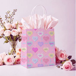 Sac Cadeau Moyen Amour Vrai Rose avec des Cœurs en Bonbon et vérité