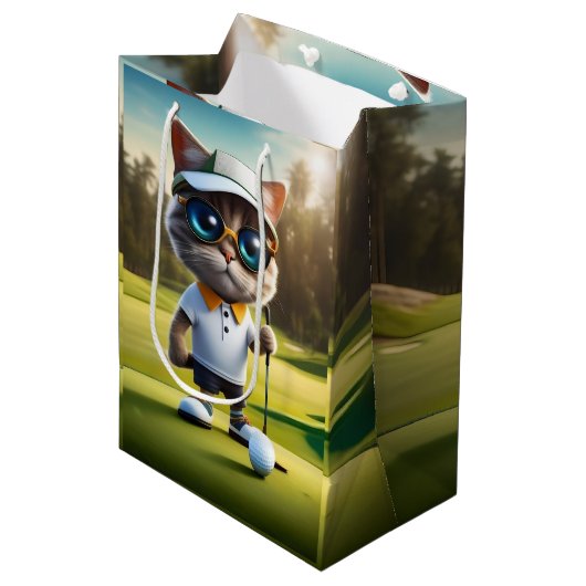 Sac Cadeau Moyen Amusant Animé Cat Golf Player, (Devant Angle)