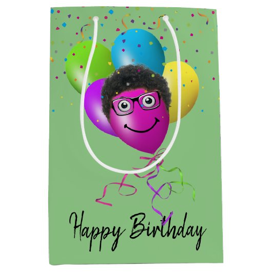 Sac Cadeau Moyen Amusant Balloon d'anniversaire visage sur vert (Devant)