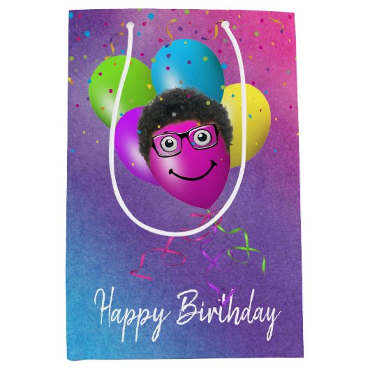 Sac Cadeau Moyen Amusant visage de ballon d'anniversaire sur arc-en (Devant)