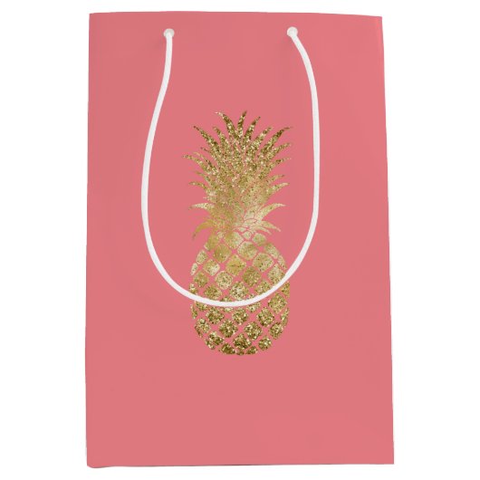 Sac Cadeau Moyen Ananas à Parties scintillant tropicale rose Rose R (Devant)