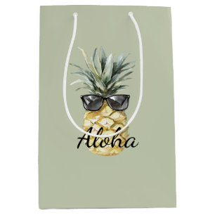 Sac Cadeau Moyen Ananas Tropical Aloha avec Lunettes de Soleil