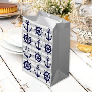 Sac Cadeau Moyen Ancre Bleue Marine Roue de Bateau Rayure Grise Nau