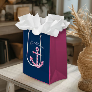 Sac Cadeau Moyen Ancre de point rose mignon avec nom personnalisé M