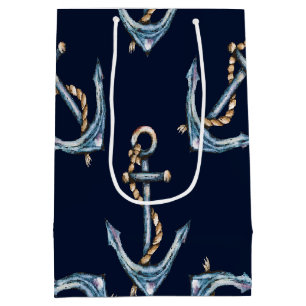 Sac Cadeau Moyen Ancres Aquarelle Bleu Nuit    