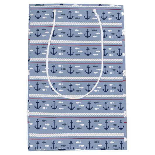 Sac Cadeau Moyen Ancres nautiques bleues et blanches (Devant)