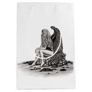 Sac Cadeau Moyen Angel, perdu dans la pensée, noir et blanc Design