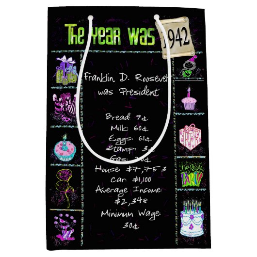 Sac Cadeau Moyen Année De Naissance 1942 Fun Trivia On Black (Devant)