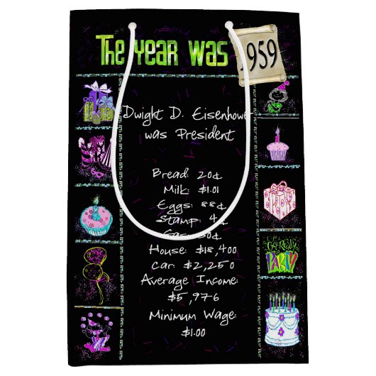 Sac Cadeau Moyen Année De Naissance 1959 Fun Trivia On Black (Devant)