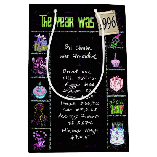 Sac Cadeau Moyen Année De Naissance 1996 Fun Trivia On Black (Devant)