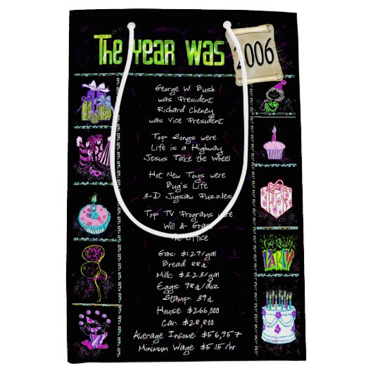 Sac Cadeau Moyen Année De Naissance 2006 Fun Trivia On Black (Devant)