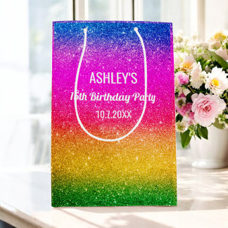 Sac Cadeau Moyen Anniversaire Arc-en-ciel Vert Rose Jaune Paillette