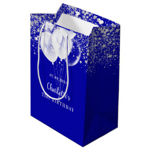 Sac Cadeau Moyen Anniversaire bleu royal blanc parties scintillant 