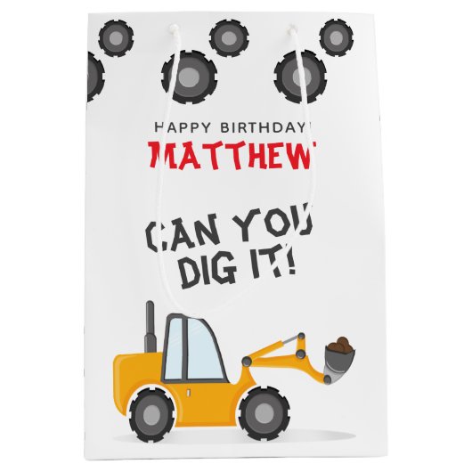 Sac Cadeau Moyen Anniversaire Camion de Construction (Devant)