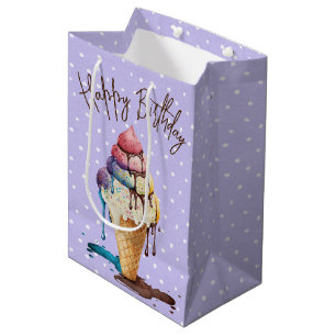 Sac Cadeau Moyen Anniversaire Crème glacée cône sur Pois