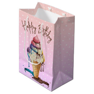 Sac Cadeau Moyen Anniversaire Crème glacée cône sur Pois