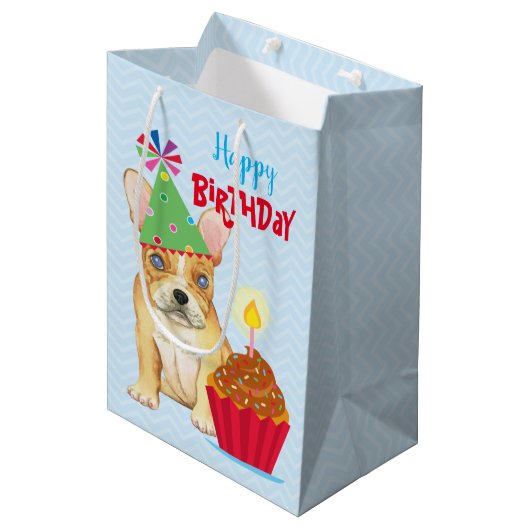 Sac Cadeau Moyen Anniversaire Cupcake French Bulldog Medium Cadeau (Devant Angle)