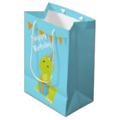 Sac Cadeau Moyen Anniversaire de enfant de dinosaure bleu vert (Devant Angle)