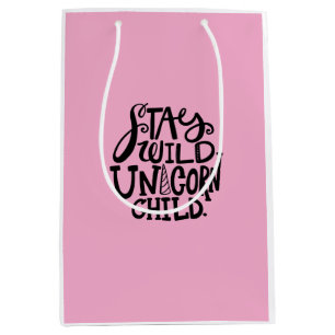 Sac Cadeau Moyen Anniversaire de Licorne Sauvage Rose Féminin