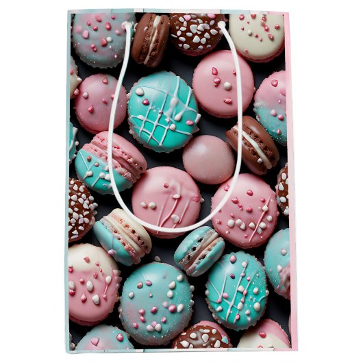 Sac Cadeau Moyen Anniversaire de Macaron rose et Turquoise (Devant)