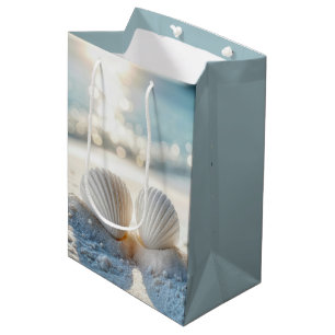 Sac Cadeau Moyen Anniversaire des coquillages blancs en sable blanc