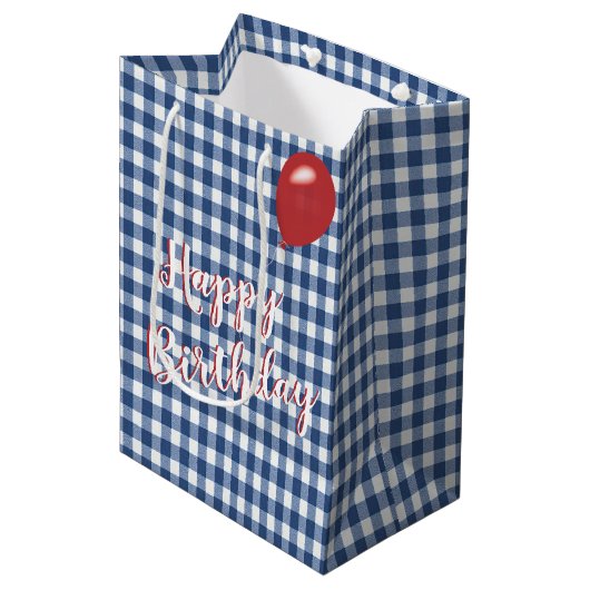 Sac Cadeau Moyen Anniversaire En vichy bleu et blanc (Devant Angle)