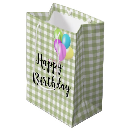 Sac Cadeau Moyen Anniversaire En vichy vert et blanc (Devant Angle)