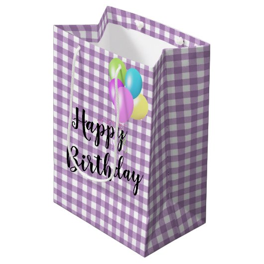 Sac Cadeau Moyen Anniversaire En vichy violet et blanc (Devant Angle)