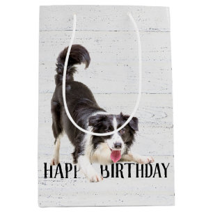 Sac Cadeau Moyen Anniversaire Frontière Collie sur bois