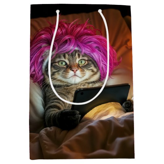 Sac Cadeau Moyen Anniversaire Gen Z Chat Staring an Electronic Tabl (Devant)