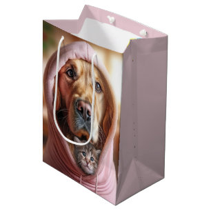 Sac Cadeau Moyen Anniversaire Golden Retriever Avec Tabby Kitten