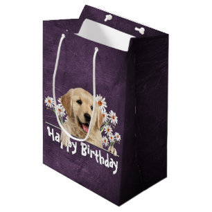 Sac Cadeau Moyen Anniversaire Golden Retriever Sur Cuir Violet