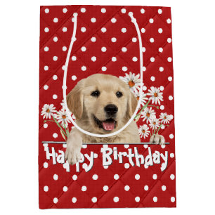 Sac Cadeau Moyen Anniversaire Golden Retriever sur Pois