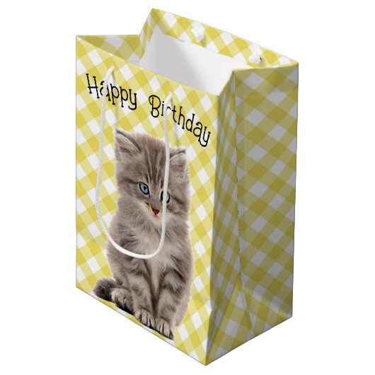 Sac Cadeau Moyen Anniversaire Gray Kitten En vichy (Devant Angle)