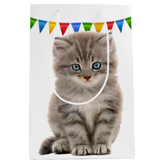 Sac Cadeau Moyen Anniversaire Gris Kitten Sur Blanc (Devant)