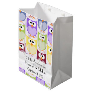 Sac Cadeau Moyen Anniversaire - hiboux colorés - pourpre vert-bleu