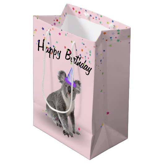 Sac Cadeau Moyen Anniversaire Koala Bear et Star Confetti (Devant Angle)