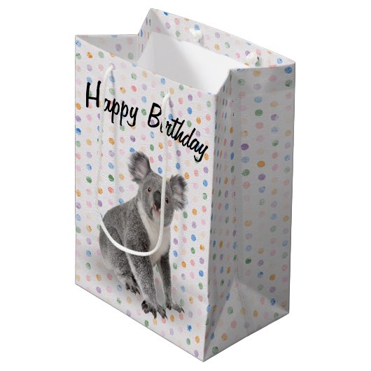 Sac Cadeau Moyen Anniversaire Koala Bear sur Pois (Devant Angle)