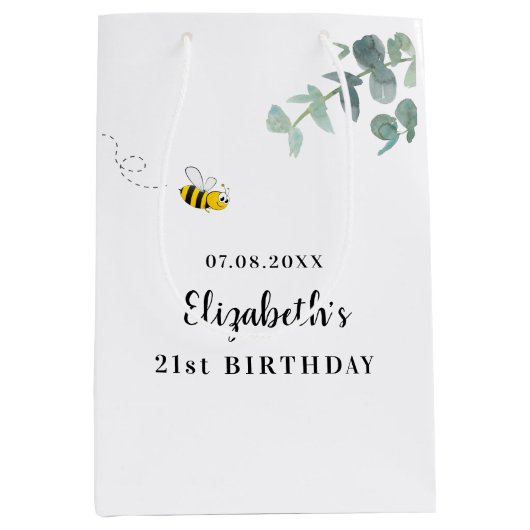 Sac Cadeau Moyen Anniversaire mignon abeille monogramme eucalyptus (Devant)