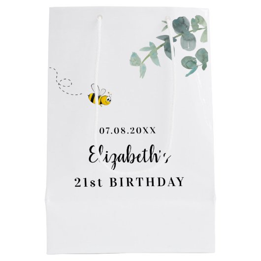 Sac Cadeau Moyen Anniversaire mignon abeille monogramme eucalyptus (Dos)