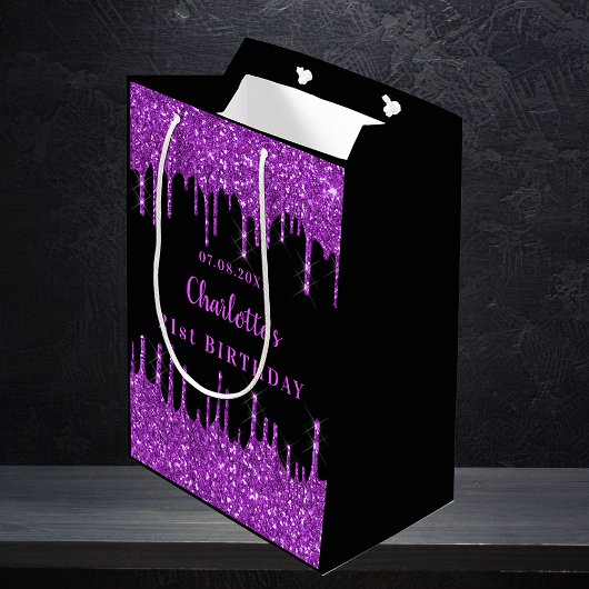 Sac Cadeau Moyen Anniversaire noir violet parties scintillant goutt